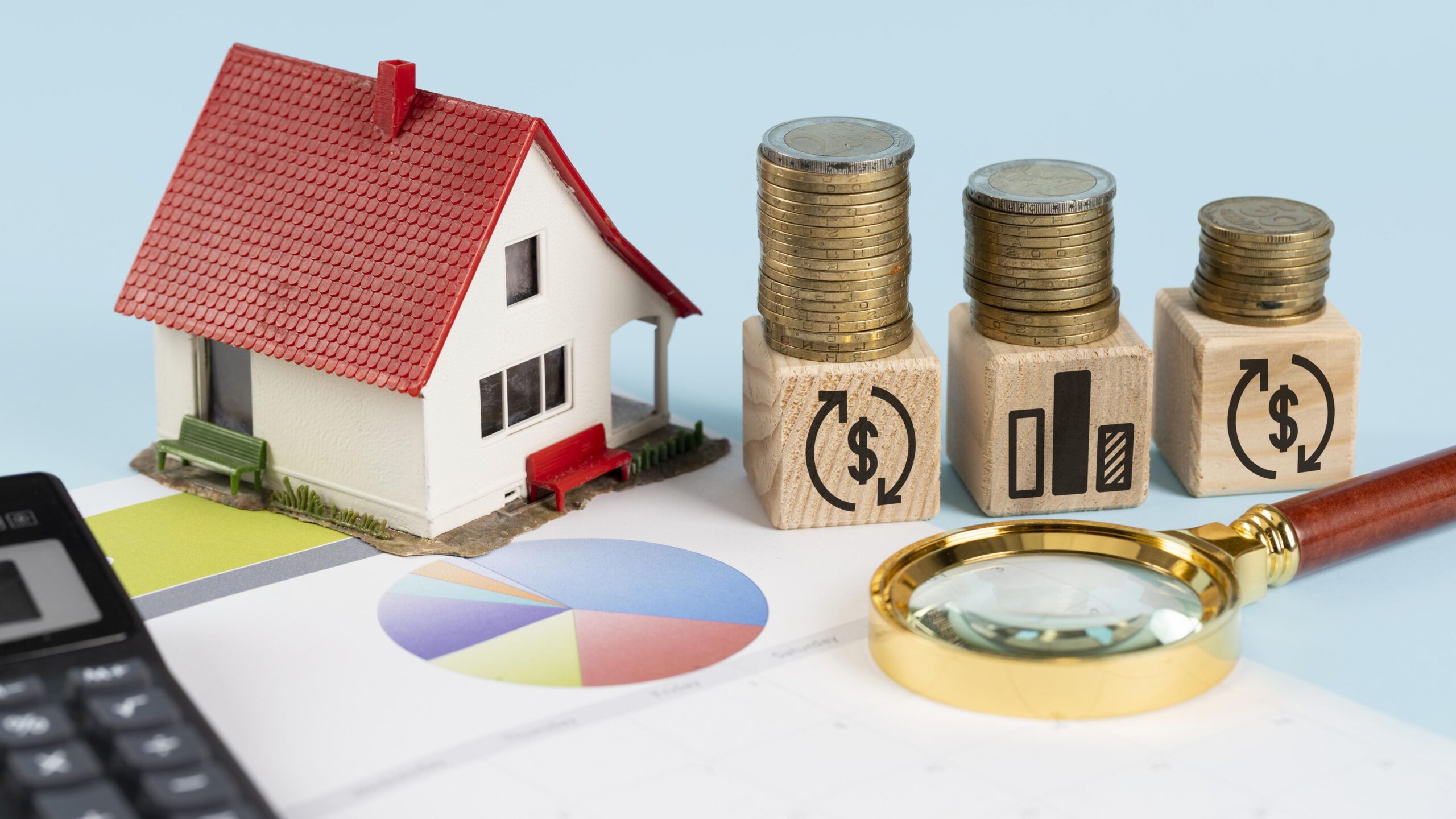 Finance elements on wooden cubes arrangement representing renta prices and market insights