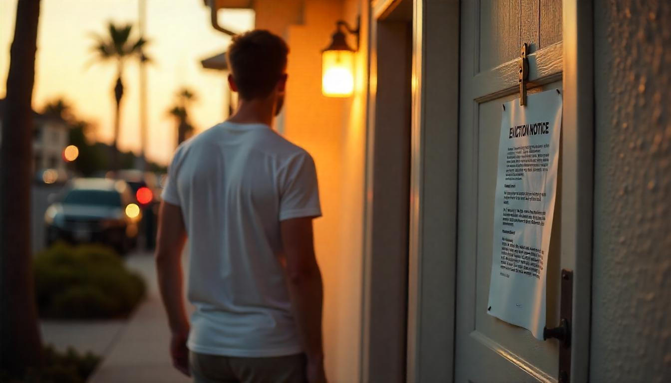 person standing with his back to the camera next do a door with eviction notice in San Diego
