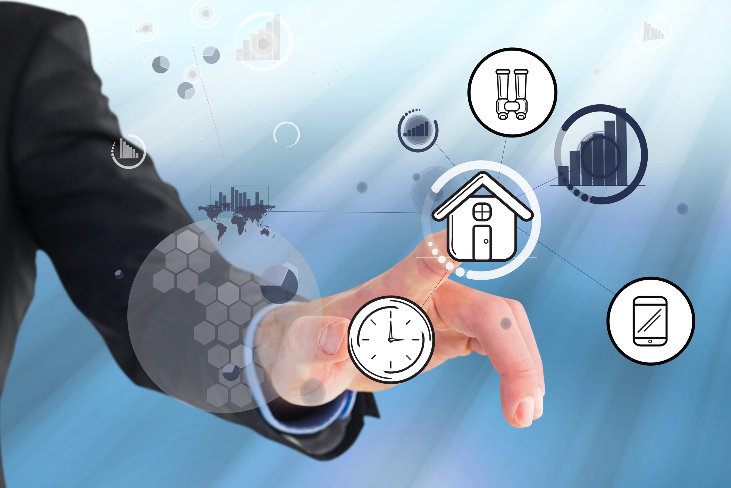 Alt text: person clicking on icons representing smart home management 