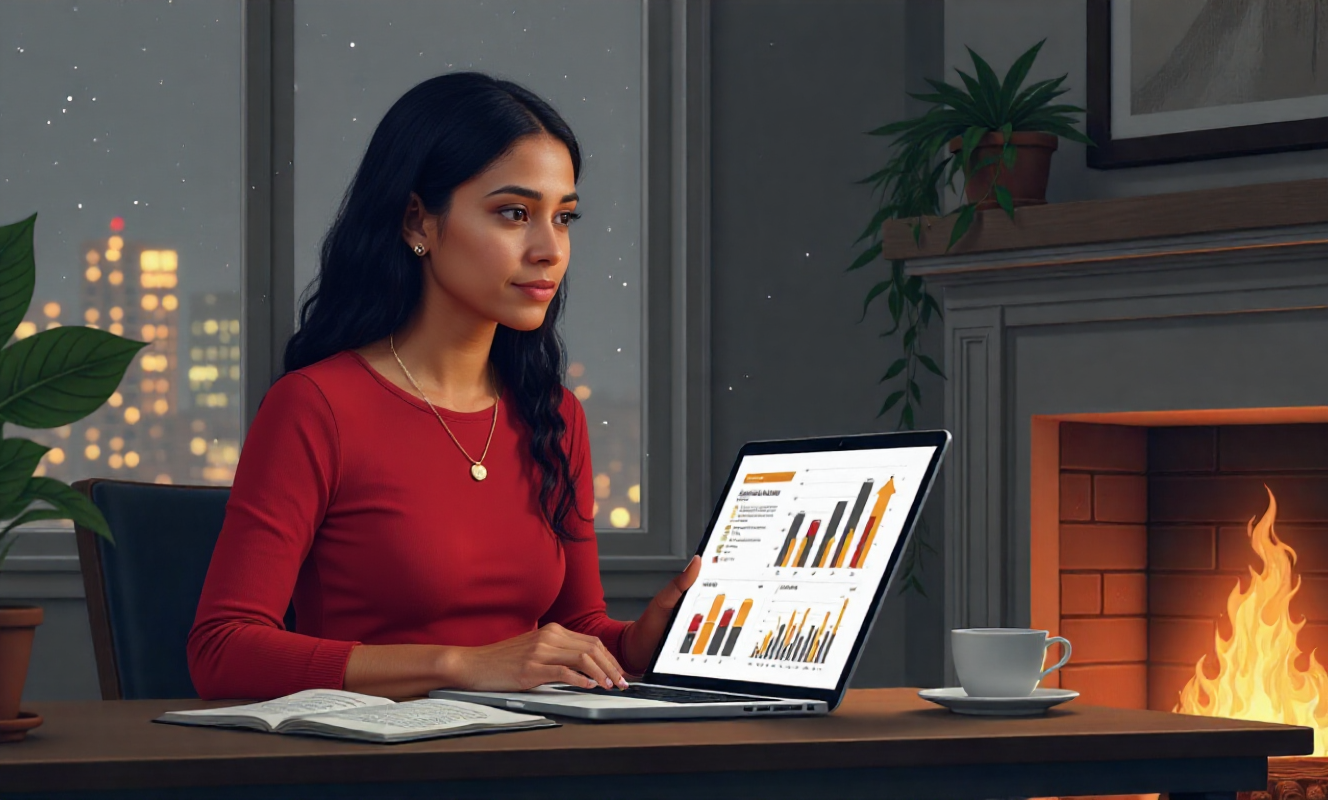 A young property manager analyzes a laptop screen showing Pacific Beach rental market trends illustrated with vibrant charts.