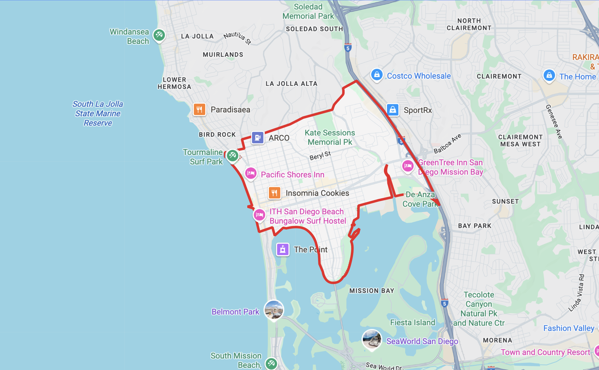 Google Maps. HD map of Pacific Beach showing its borders