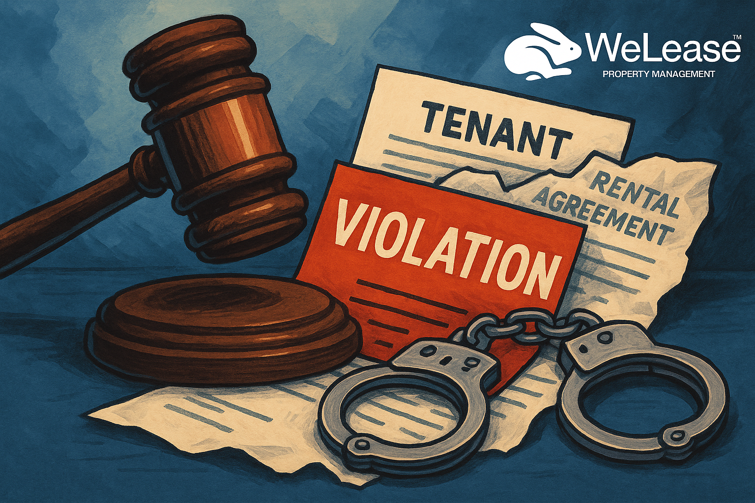 Illustration showing a gavel, handcuffs, and a tenant rental agreement marked with a violation notice, symbolizing tenant legal issues and lease enforcement by WeLease Property Management.