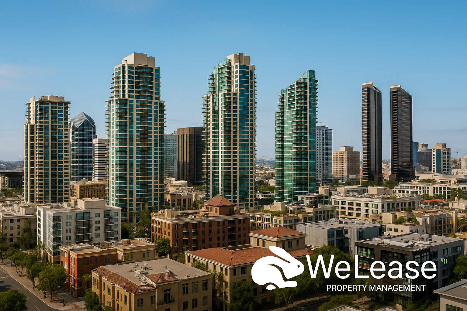 Daytime view of downtown San Diego’s modern residential towers and apartment buildings under a clear blue sky, symbolizing the city’s thriving 2025 rental market, with the WeLease Property Management logo in the corner.