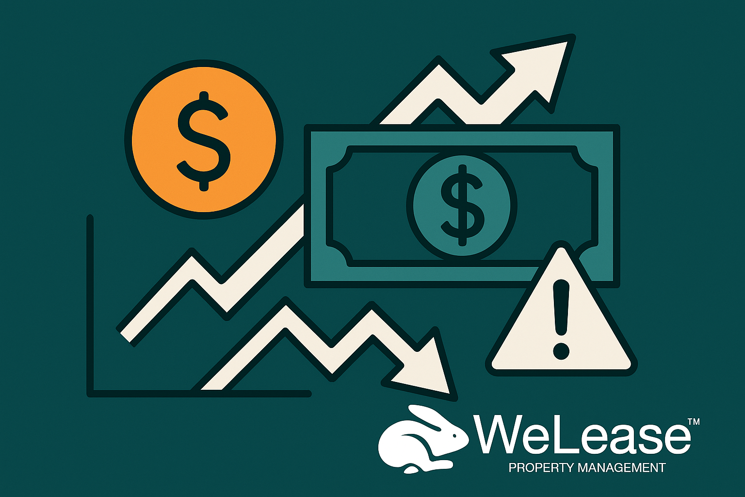 Flat-style digital illustration symbolizing common property investment pitfalls in San Diego, featuring arrows, coins, and caution symbols in teal and white WeLease brand colors, with the WeLease Property Management logo in the corner.