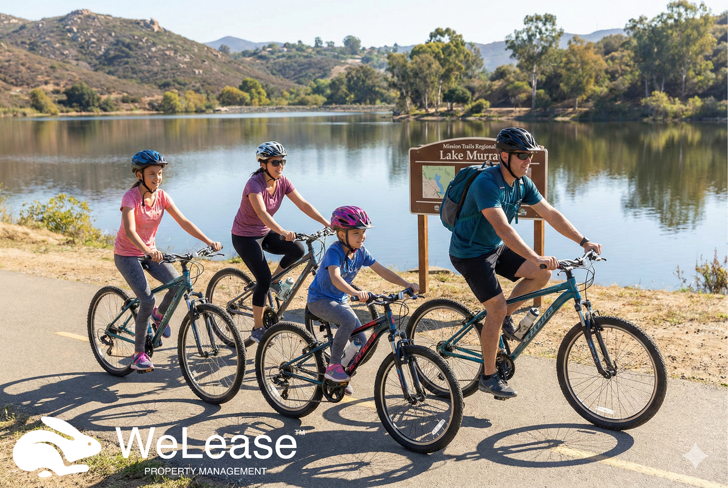 illustration of the outdoor lifestyle families can enjoy, showing a family biking by Lake Murray. 