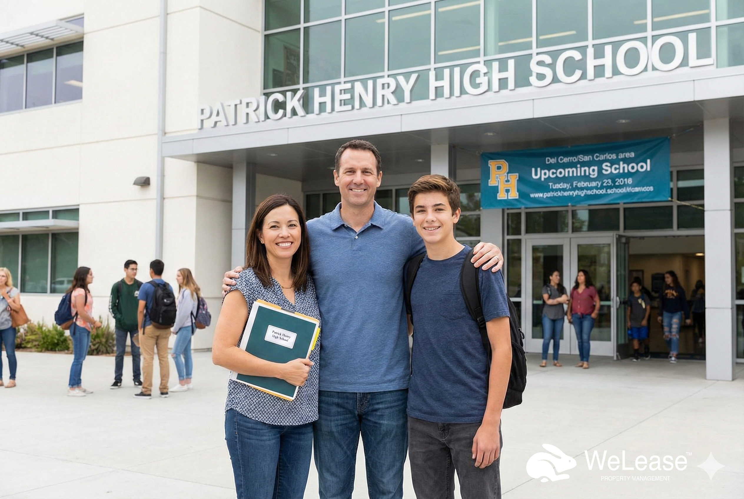 a family of three standing in front of the Patrick Henry Highschool 