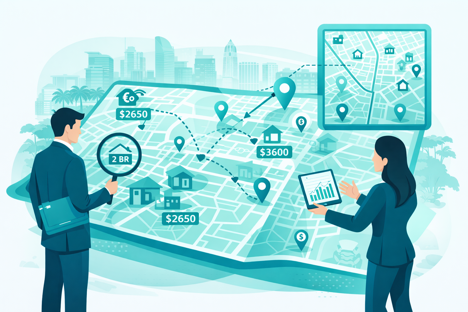 Real estate professionals analysing San Diego map