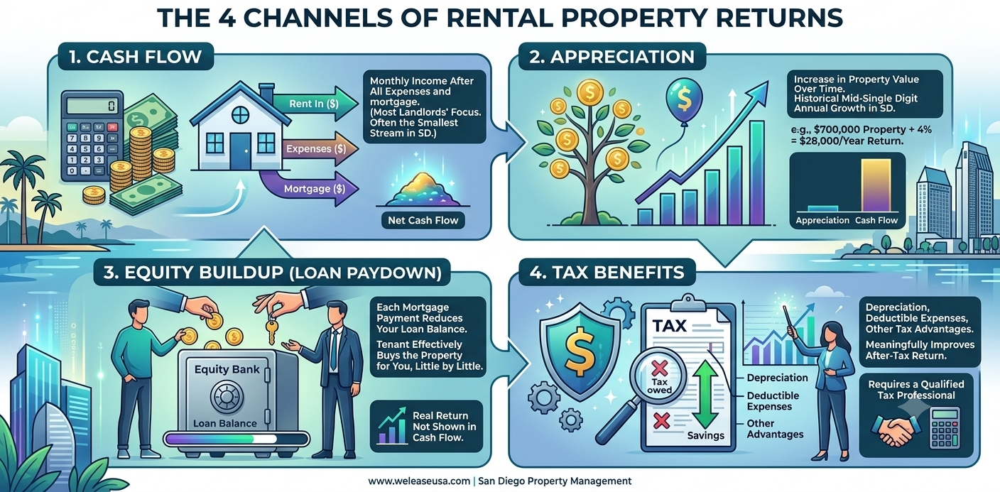 A rental property produces returns through four channels,